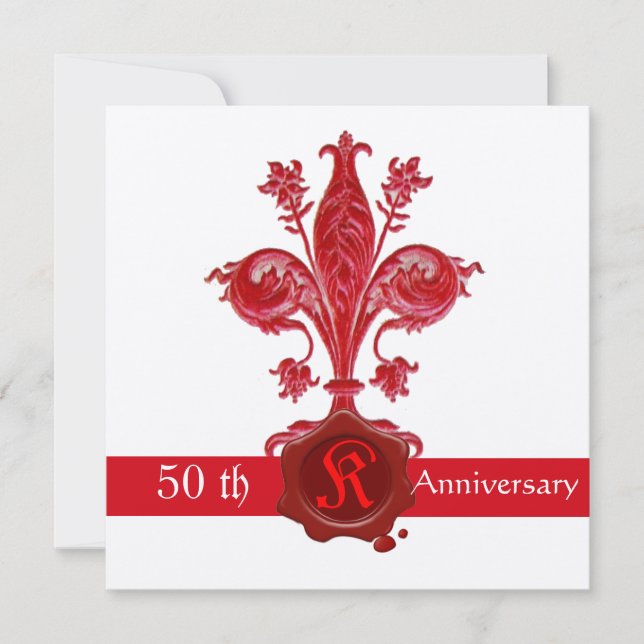 FLEUR DE LISE ANNIVERSARY Red Vax Seal Monogram Inbjudningar (Framsida)
