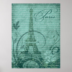 Fleur de Paris Eiffel Torn 30" x 40" teal Poster