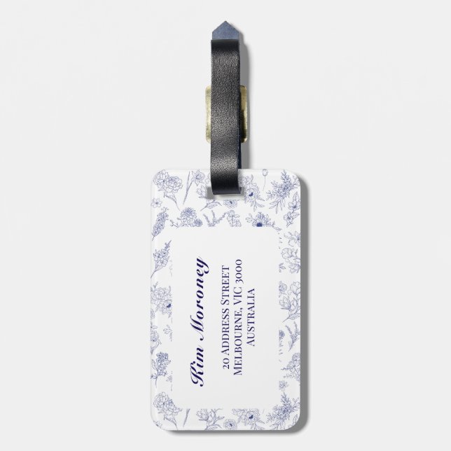 Fleur de Saison Blå och Vit Resväskemärke Bagagebricka (Baksidan Lodrät)