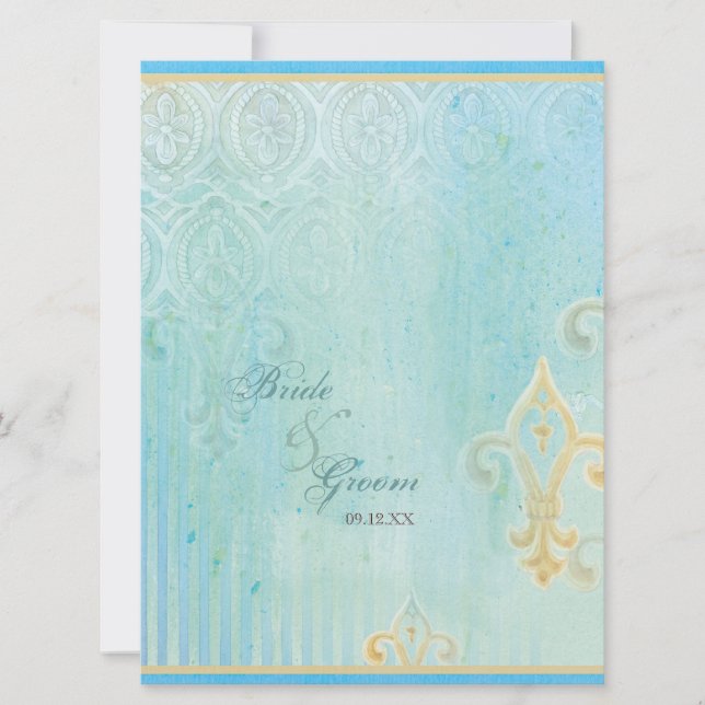 Fleur di Lys Damask 2 Blue - Bröllopsinbjudan Inbjudningar (Framsida)