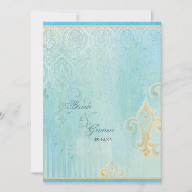 Fleur di Lys Damask 2 Blue - Bröllopsinbjudan Inbjudningar (Framsida)