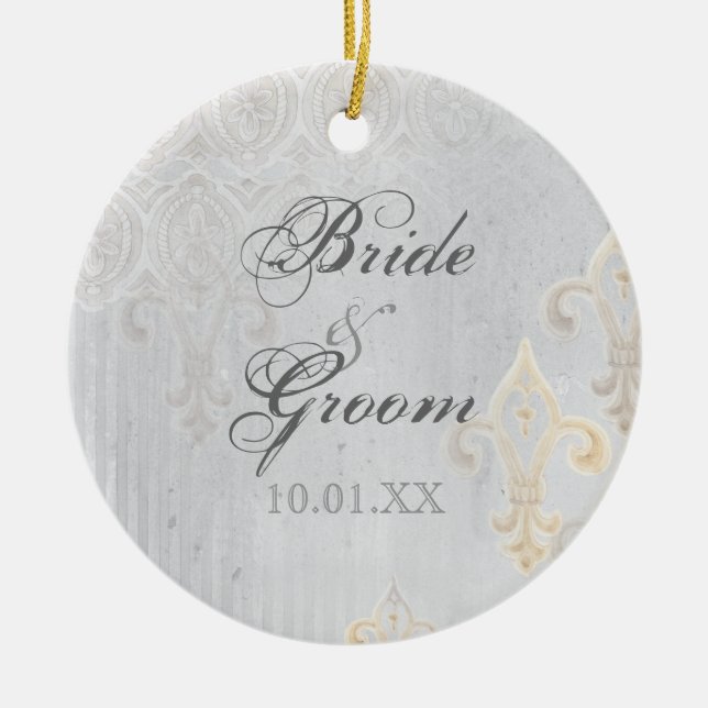 Fleur di Lys Damask 2 Grått - Bröllop Ornament (Framsidan)