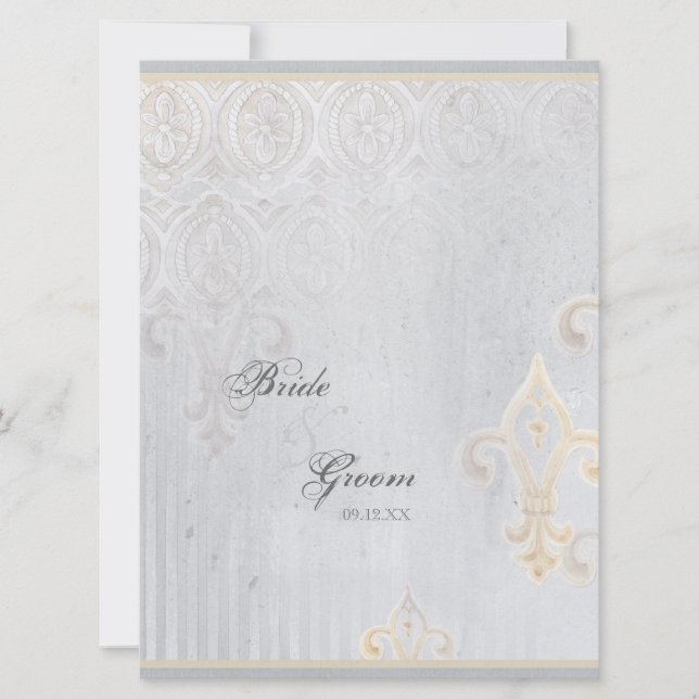 Fleur di Lys Damask 2 Grått bröllopsinbjudan Inbjudningar (Framsida)