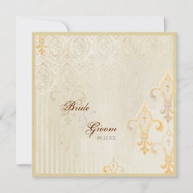 Fleur di Lys Damask 2 Krämfärgad Bröllopsinbjudan Inbjudningar (Framsida)