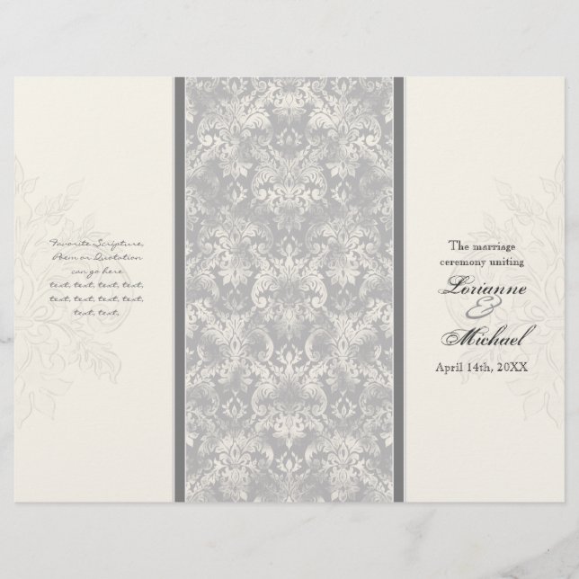 Fleur di Lys Damask - Grått Formal Bröllopsprogram (Framsida)