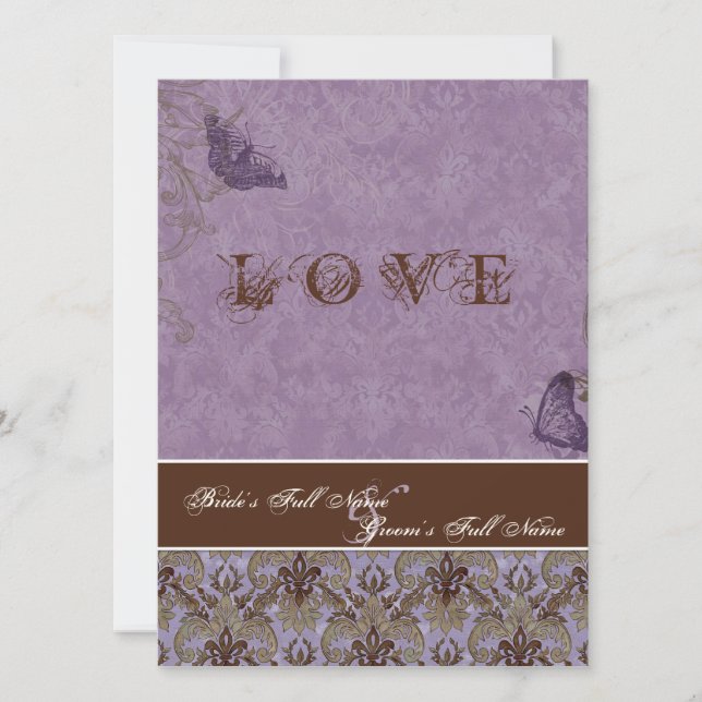 Fleur di Lys Damask - inbjudan till Dk Lila Weddin (Framsida)