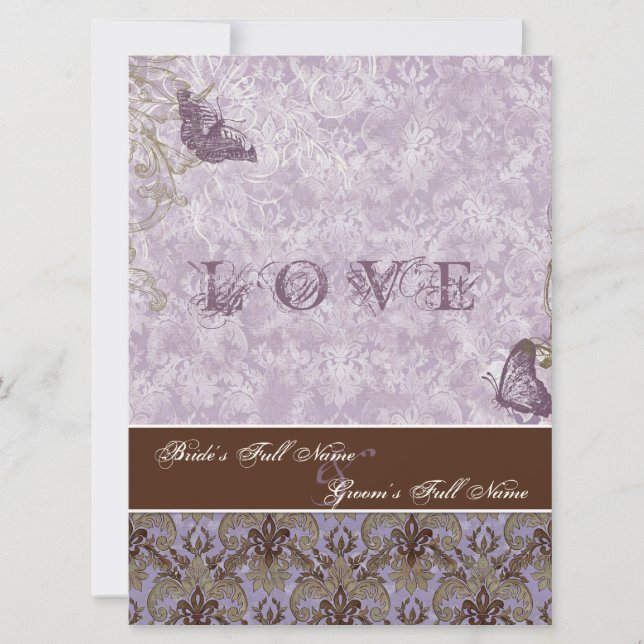 Fleur di Lys Damask - inbjudan till Lila Wedding (Framsida)