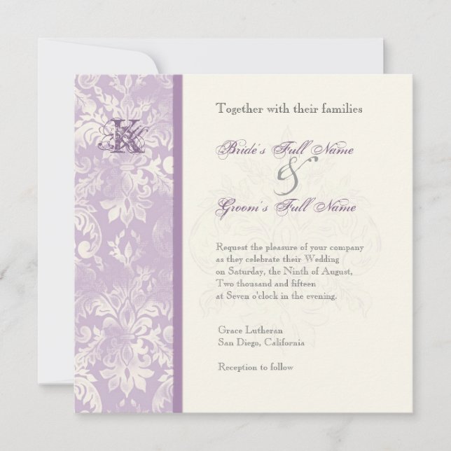 Fleur di Lys Damask - inbjudan till Lilac bröllop (Framsida)