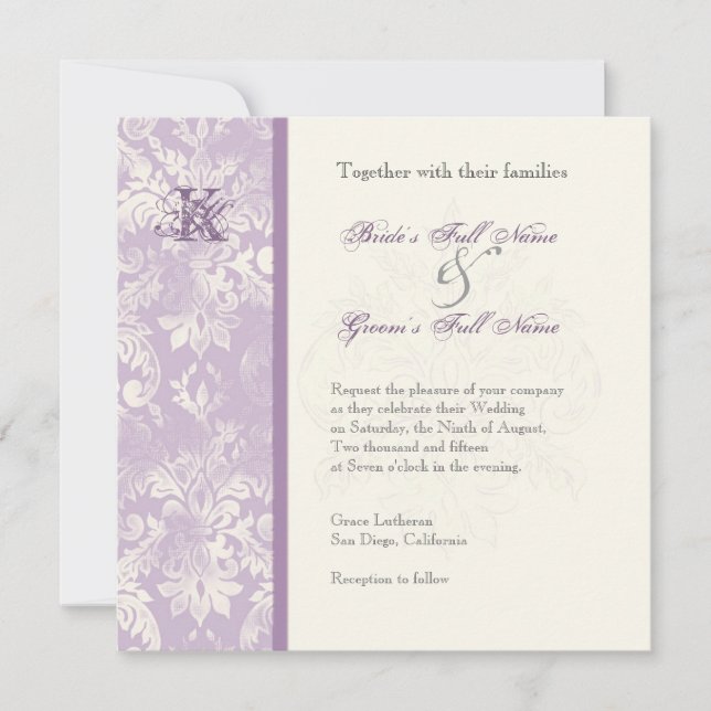 Fleur di Lys Damask - inbjudan till Lilac bröllop (Framsida)