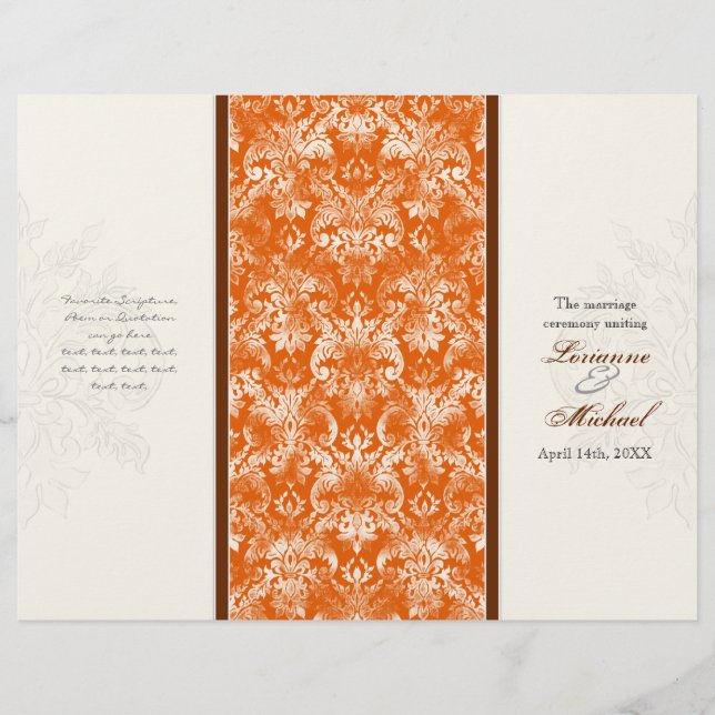Fleur di Lys Damask Orange Formell Bröllopsprogram (Framsida)