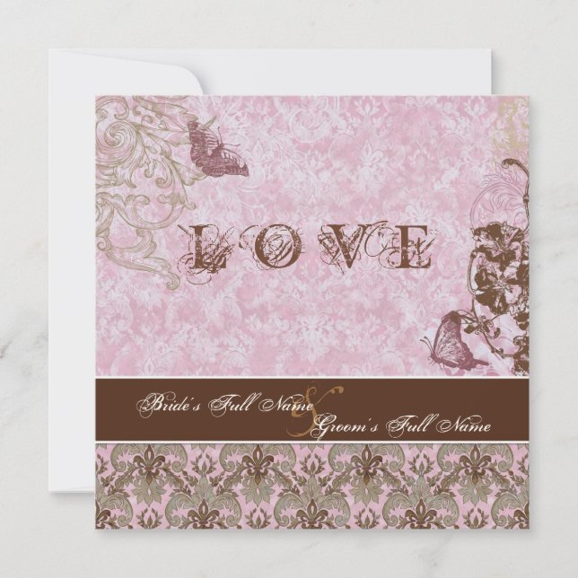 Fleur di Lys Damask Rosa Brown Butterfly Bröllop Inbjudningar (Framsida)