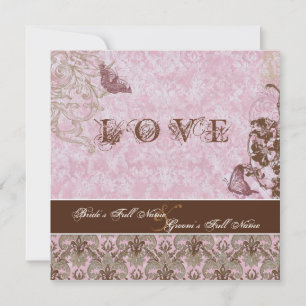 Fleur di Lys Damask Rosa Brown Butterfly Bröllop Inbjudningar