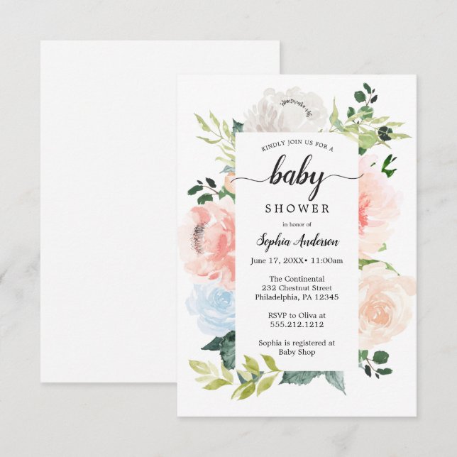 Fleur Jolie Söt Blommigt Baby Shower Inbjudan (Fram/baksida)