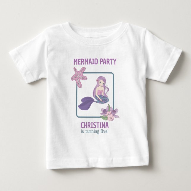 Flick Havfrue Födelsedagsfest Teal Lila T Shirt (Framsida)