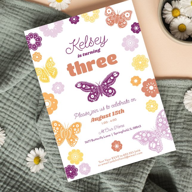 Flick kalas Retro Butterfly Birthday Inbjudningar (Retro Butterfly Girls Birthday Invitation)