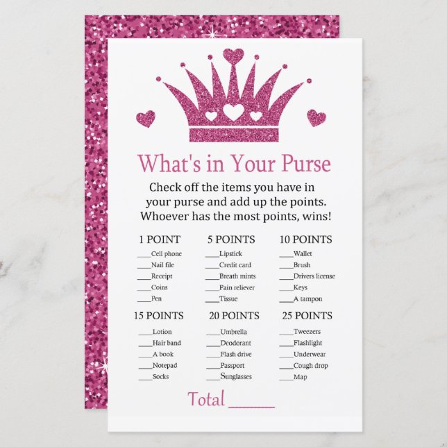 Flick krona Vad har du i handväskan spel baby show (Fram/baksida)