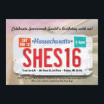 Flicka 16th födelsedagMassachusetts inbjudan<br><div class="desc">En tonårs- flicka roterande 16 och att få henne körkort är en milstolpe som ska firas! Jag skapade denna design till tillfångatagandet den statliga registreringsskylten för individen och satte den överst av en mjuk bakgrund som inkluderar gatan, huvudvägen och himmlen. Denna design sums upp ditt födelsedagfirande snabbt. Den är till...</div>
