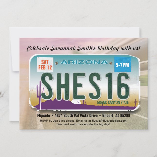 Flicka 16th inbjudan för födelsedagArizona licens (Framsida)