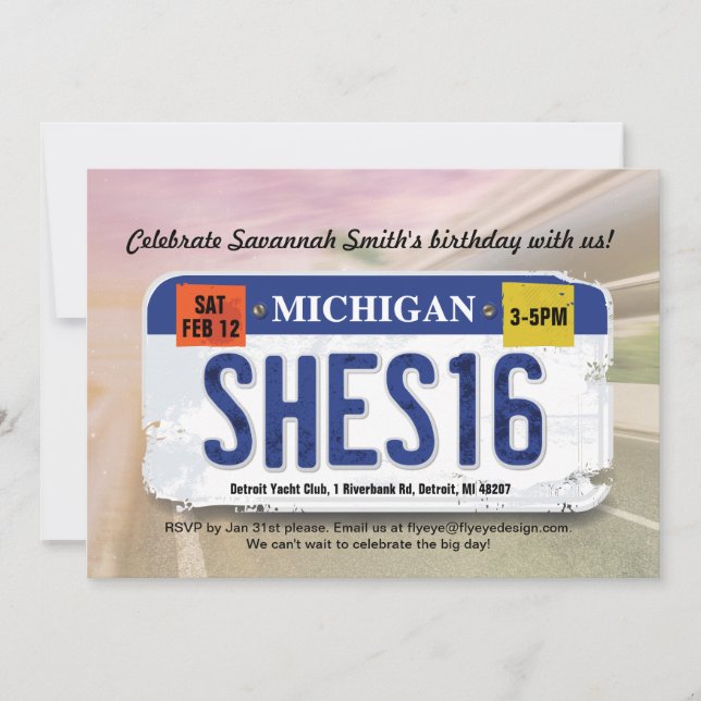 Flicka 16th inbjudan för födelsedagMichigan licens (Framsida)