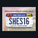 Flicka 16th inbjudan för födelsedagMichigan licens<br><div class="desc">En tonårs- flicka roterande 16 och att få henne körkort är en milstolpe som ska firas! Jag skapade denna design till tillfångatagandet den statliga registreringsskylten för individen och satte den överst av en mjuk bakgrund som inkluderar gatan, huvudvägen och himmlen. Denna design sums upp ditt födelsedagfirande snabbt. Den är till...</div>