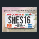 Flicka 16th inbjudan för födelsedagWisconsin<br><div class="desc">En tonårs- flicka roterande 16 och att få henne körkort är en milstolpe som ska firas! Jag skapade denna design till tillfångatagandet den statliga registreringsskylten för individen och satte den överst av en mjuk bakgrund som inkluderar gatan, huvudvägen och himmlen. Denna design sums upp ditt födelsedagfirande snabbt. Den är till...</div>
