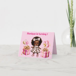 Flicka 1:a födelsedag Mörk Skin Curls Rosa Inbjudan