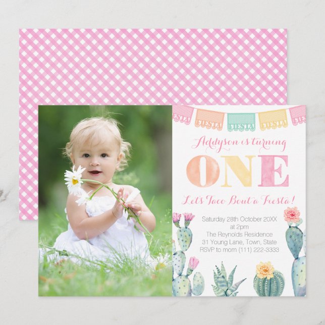Flicka 1:a födelsedag Party Mexikanska fiesta Foto Inbjudningar (Fram/baksida)
