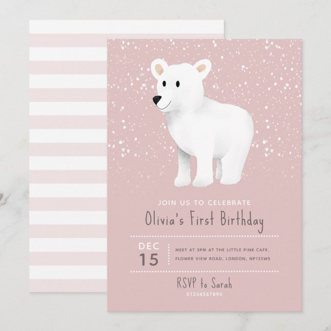 Flicka 1:a födelsedag Rosa Helgdag Polar Bear Inbjudningar (Fram/baksida)