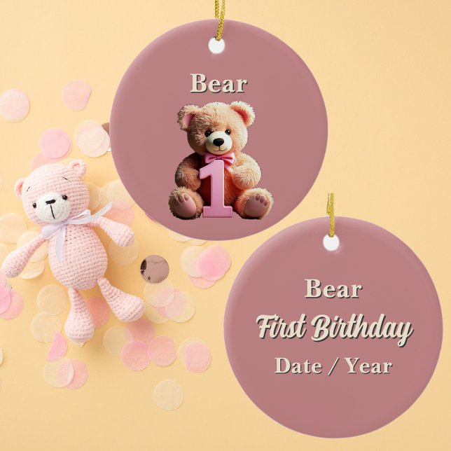 Flicka 1:a födelsedag Rosa Nalle Keepsak Julgransprydnad Keramik (Baby girl first birthday keepsake cute teddy bear first birthday name date and special occasion)