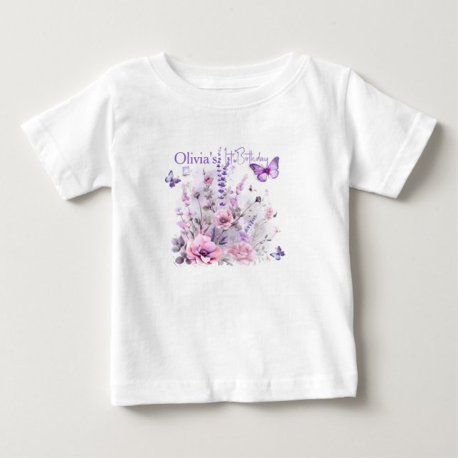Flicka 1:a födelsedag Syrlilafjärilar Akvarell  T Shirt (Framsida)