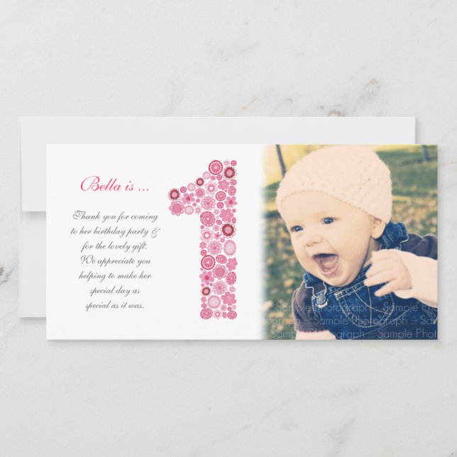 Flicka 1:a födelsedag-Tack-fotokort Tack Kort (Framsida)