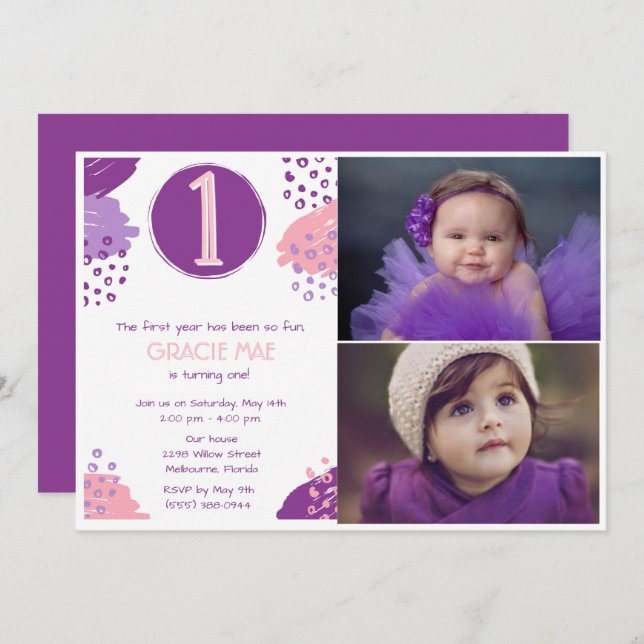 Flicka 1:a födelsedag två foto Party Inbjudningar (Fram/baksida)