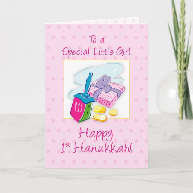 Flicka 1:a Hanukkah-Rosan med Dreidel Gift Kort (Framsida)