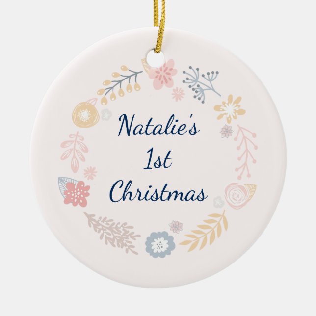Flicka 1:a julfoto Rosa botaniskt foto Julgransprydnad Keramik (Framsidan)