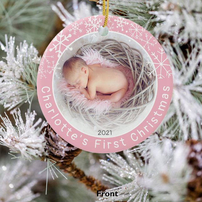 Flicka 1:a julfoto Snöflingor Rosa Julgransprydnad Keramik (Skapare uppladdad)