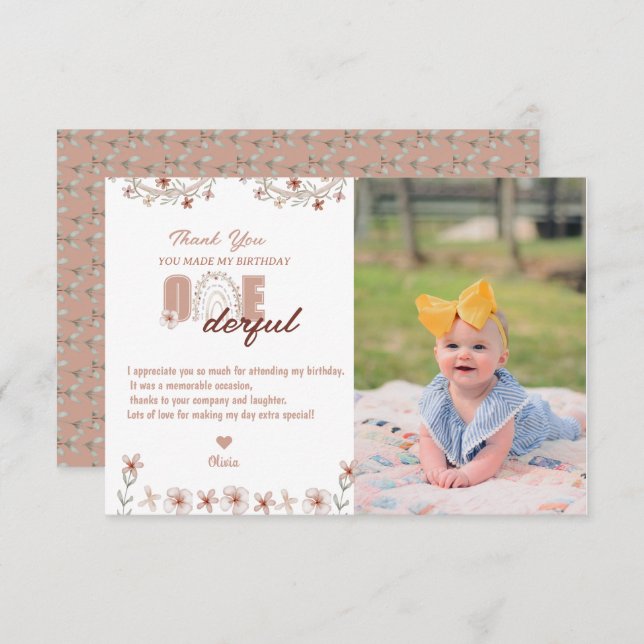 Flicka 1-årsdag | Rainbow Boho Tack Kort (Fram/baksida)