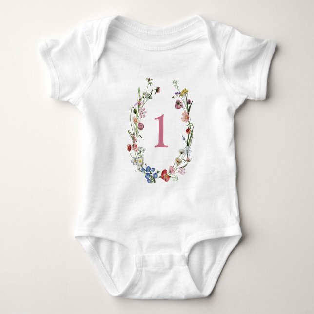 Flicka 1-årsdag Vild blomsterkrans  T Shirt (Framsida)