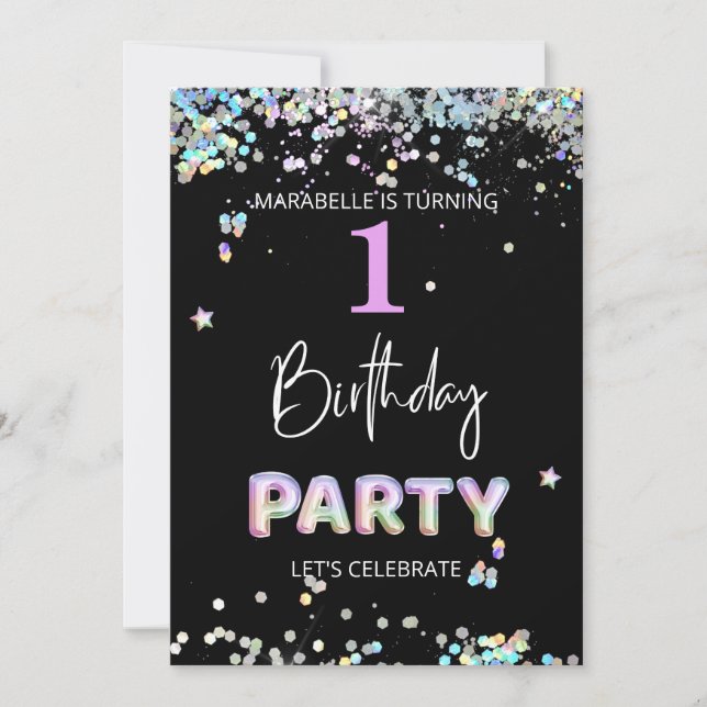 *~* FLICKA 1st One First Rainbow Birday Inbjudningar (Framsida)