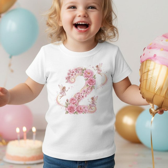 Flicka 2-årsdag Rosa Älva Nummer Två T Shirt (Number 2 shirt - 2nd birthday outfit for milestone photoshoot, birthday party etc)