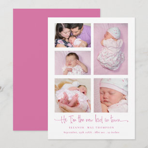 Flicka 5 Photo Collage Rosa Script Birth Meddelande