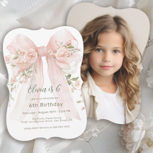 Flicka 6-årsdag Rosa blomsterbåge och foto Inbjudningar