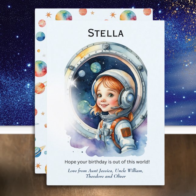 Flicka Astronaut i rymdraket Födelsedagskort Kort (A personalized birthday card with illustration of a girl astronaut in her space rocket)