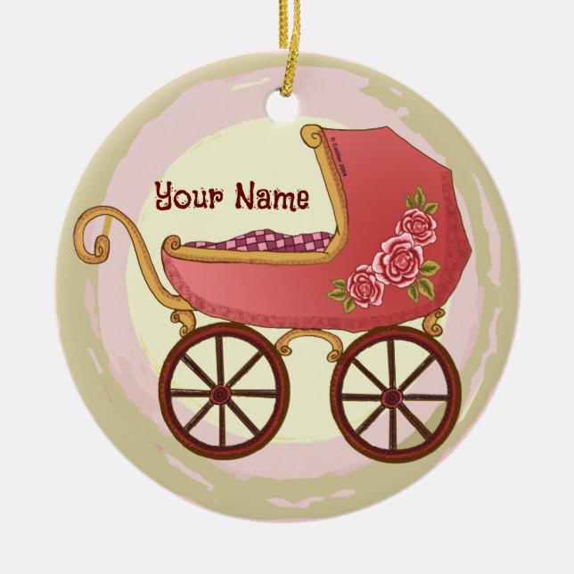 Flicka Baby Buggy-ornament  Julgransprydnad Keramik (Framsidan)