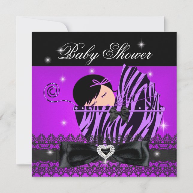 Flicka Baby Shower Fest Parti Lila Svart Spets Inbjudningar (Framsida)