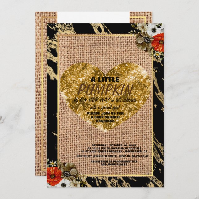Flicka Baby Shower Höst Pumpa Rustik Jute Trä Inbjudningar (Fram/baksida)