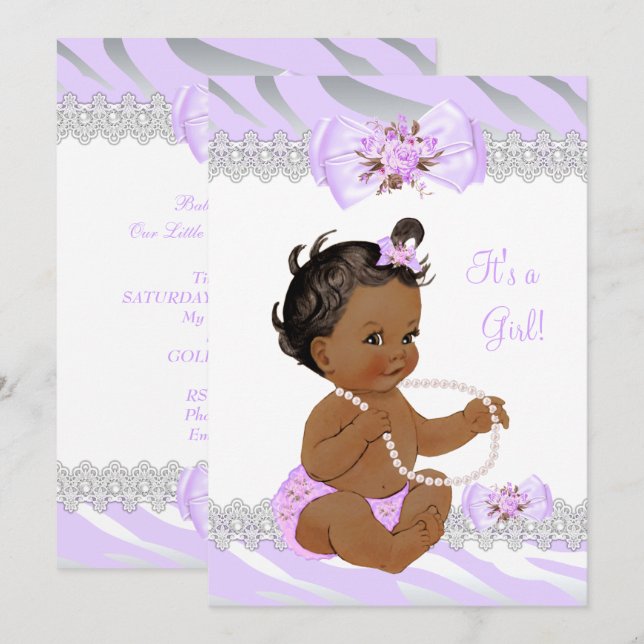 Flicka Baby Shower Lilac Zebra Spets Etnisk Inbjudningar (Fram/baksida)