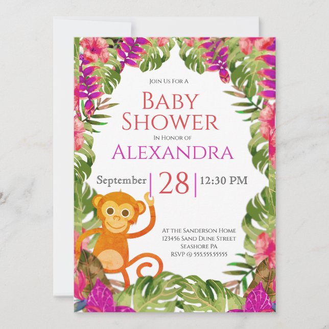Flicka Baby Shower Monkey Rosa Tropisk Vilda Djur  (Framsida)