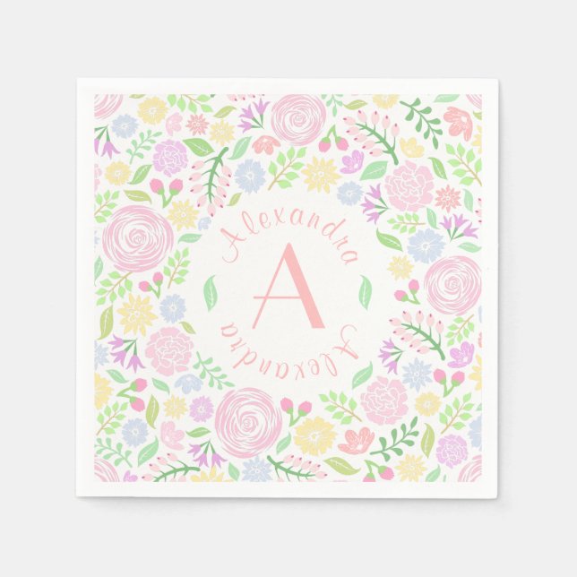 Flicka Baby Shower Monogram Blommigt Pappersservet Pappersservett (Framsidan)
