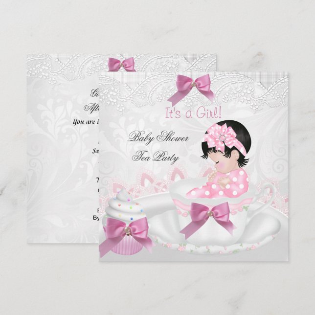 Flicka Baby Shower Rosa Baby Tekopps Tea Party Inbjudningar (Fram/baksida)