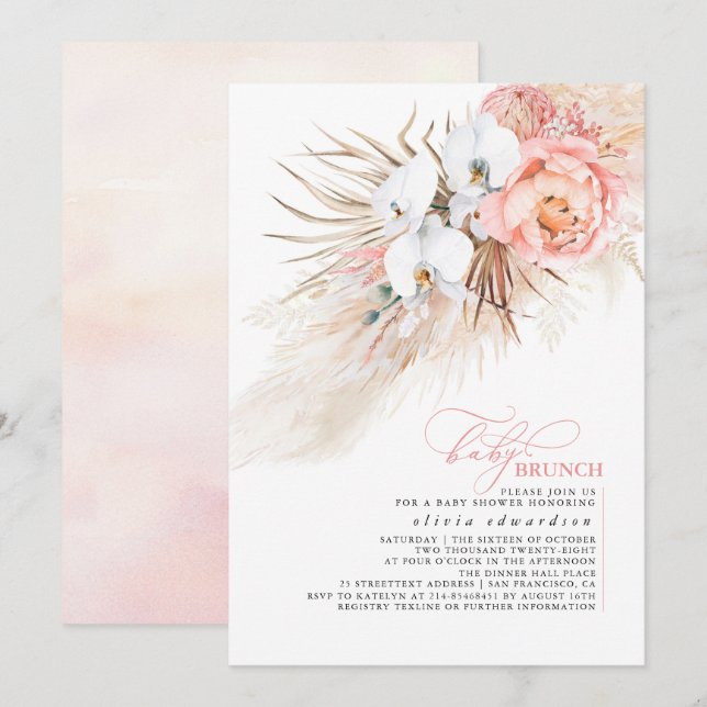 Flicka Baby Shower Rosa Blommigt Pampas Grass  Inbjudningar (Fram/baksida)